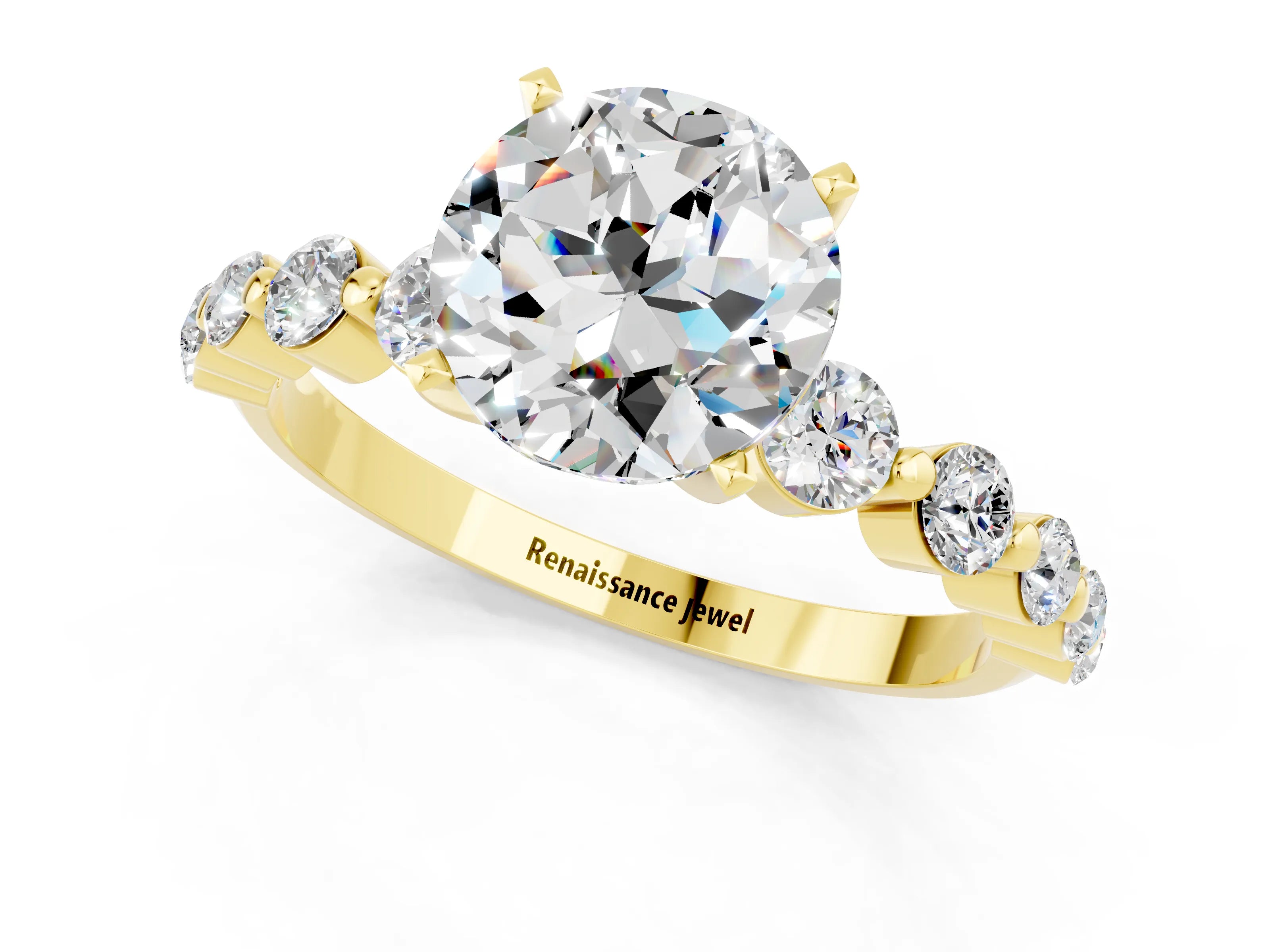 Yellow gold Round Cut Solitaire Moissanite Ring with Pave Band and Four-Prong Setting_1