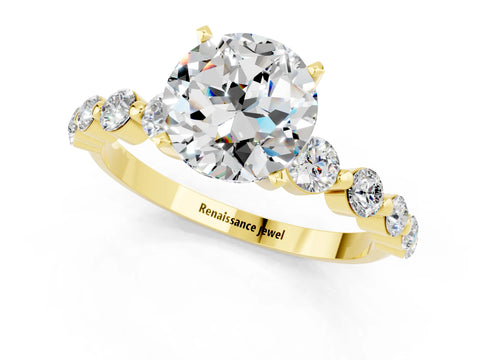 Yellow gold Round Cut Solitaire Moissanite Ring with Pave Band and Four-Prong Setting_1