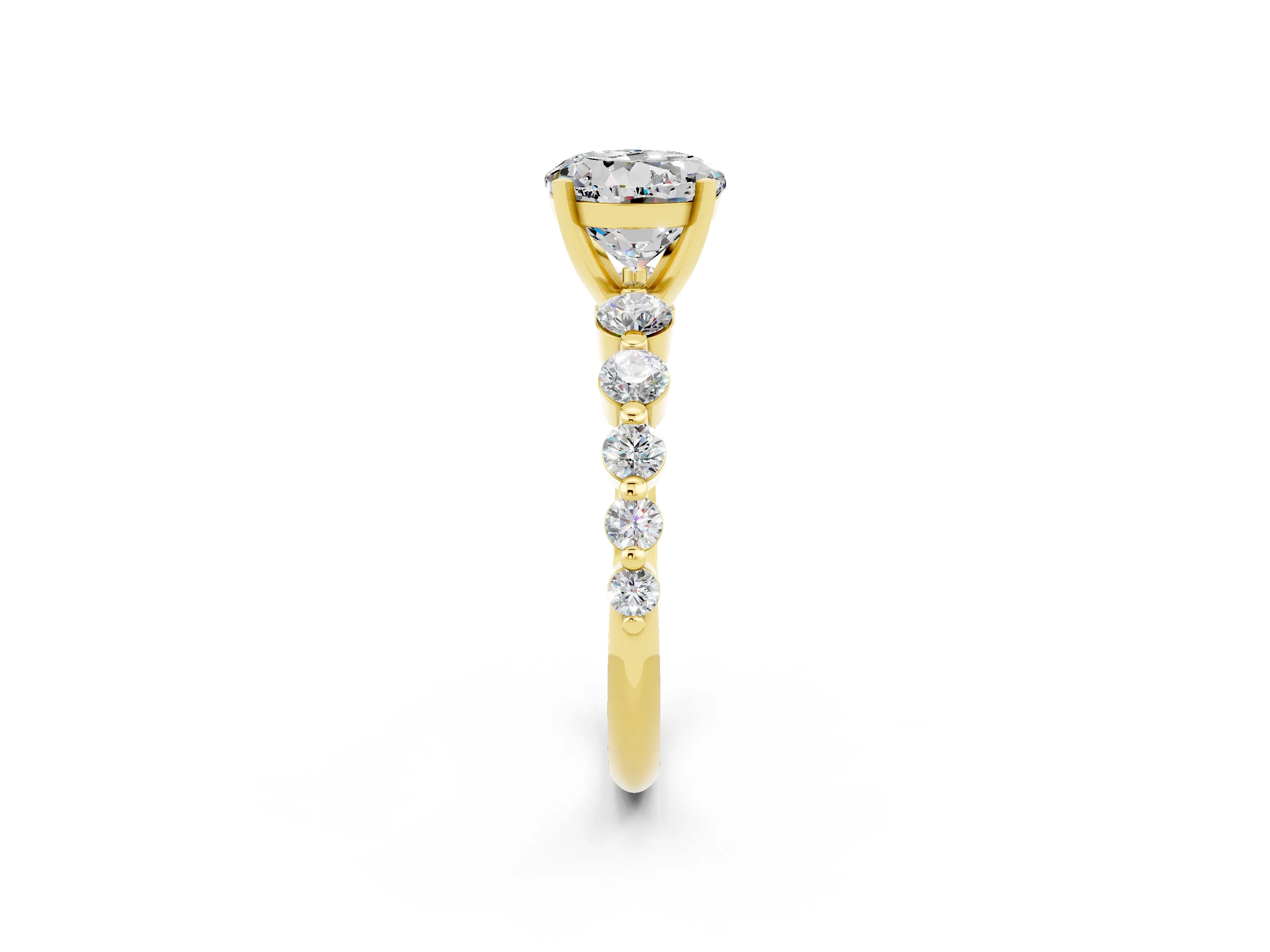 Yellow gold Round Cut Solitaire Moissanite Ring with Pave Band and Four-Prong Setting_2