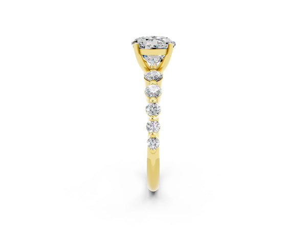 Yellow gold Round Cut Solitaire Moissanite Ring with Pave Band and Four-Prong Setting