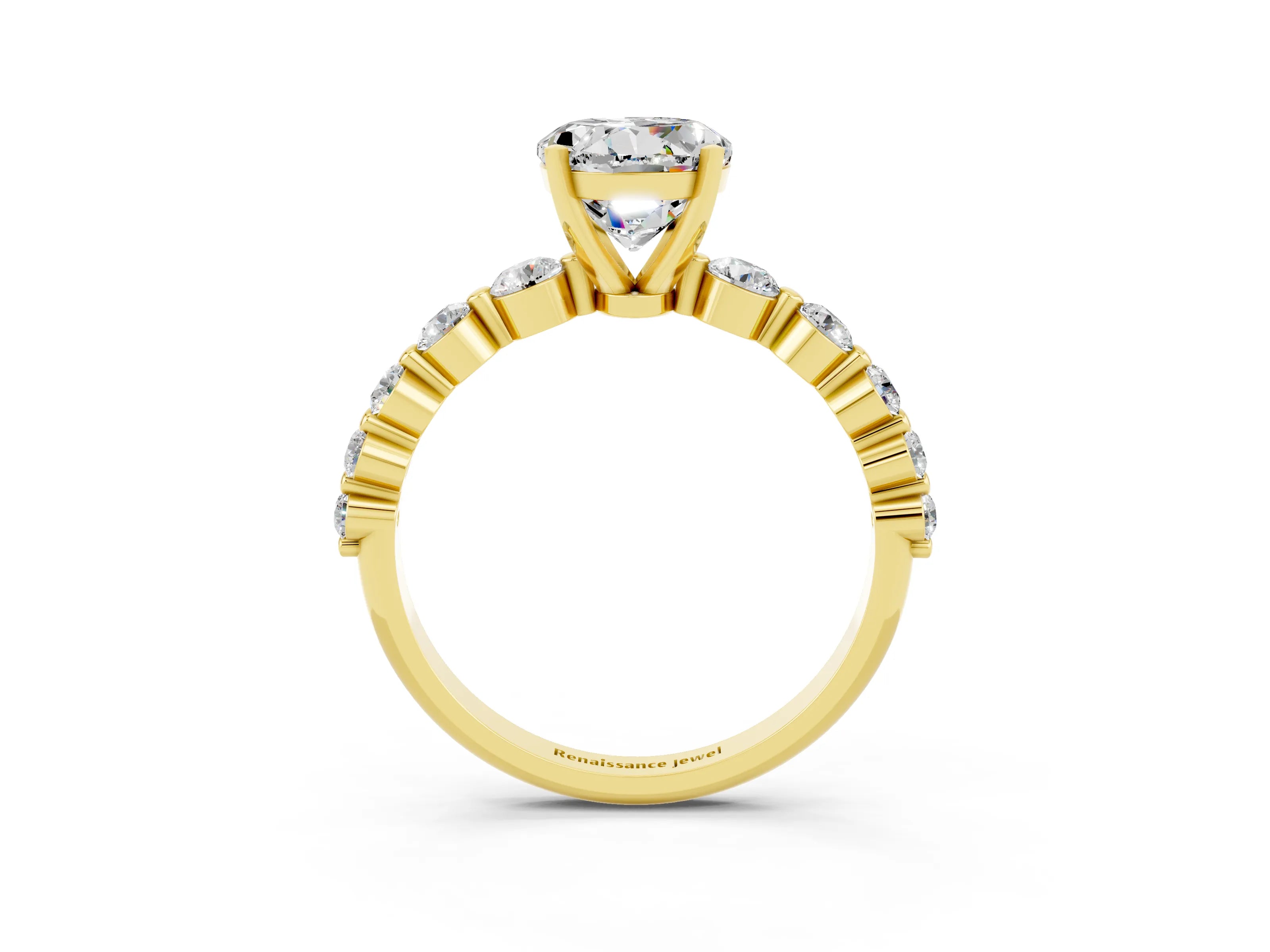 Yellow gold Round Cut Solitaire Moissanite Ring with Pave Band and Four-Prong Setting_3