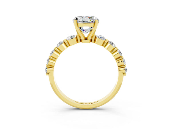 Yellow gold Round Cut Solitaire Moissanite Ring with Pave Band and Four-Prong Setting