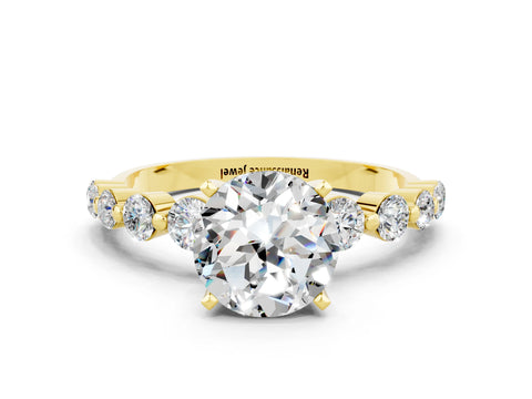 Yellow gold Round Cut Solitaire Moissanite Ring with Pave Band and Four-Prong Setting