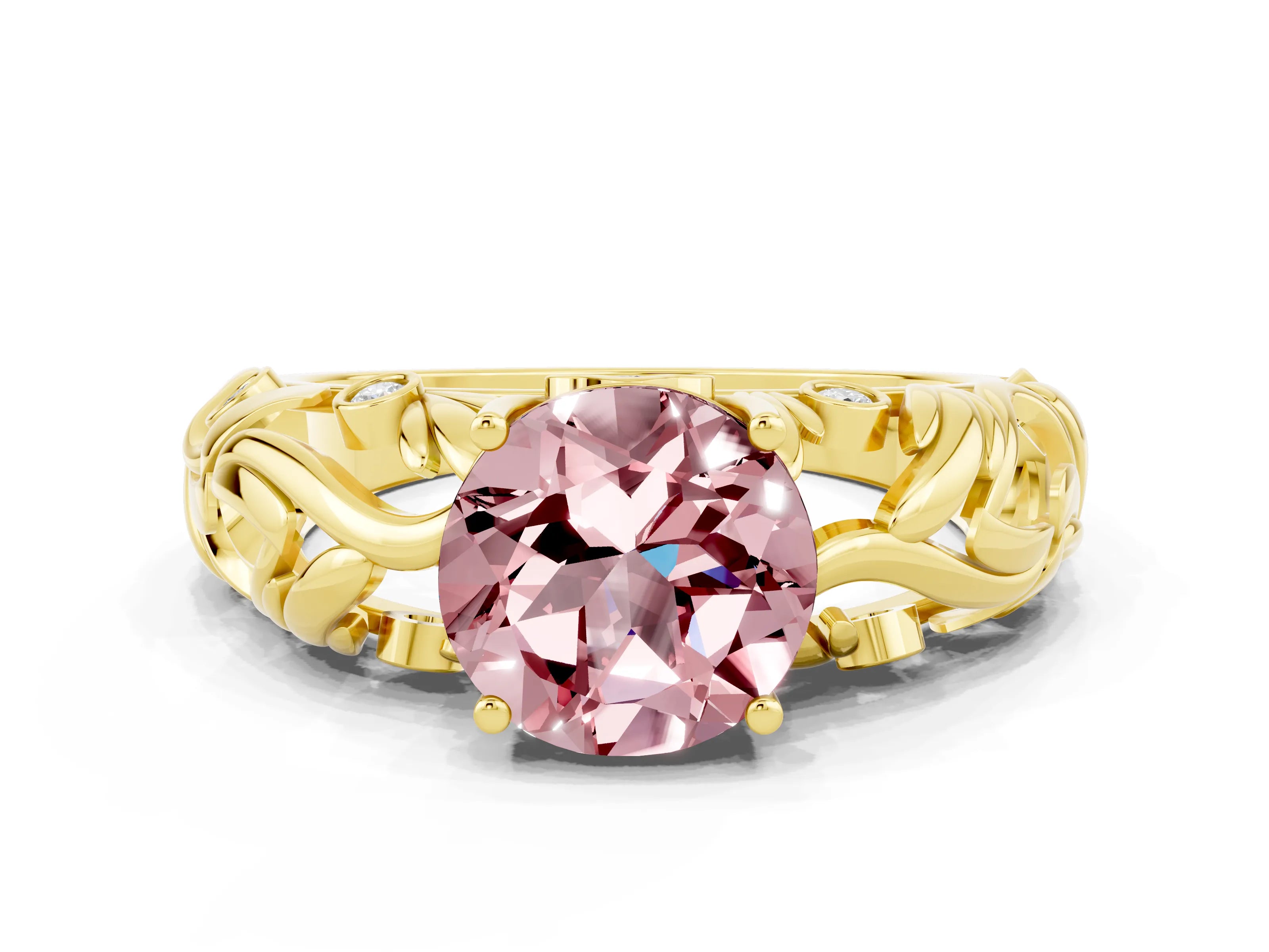 Yellow gold Round Cut Solitaire Morganite Leaf-Inspired Vine Band Ring with Prong Setting