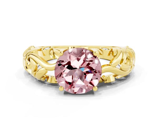 Yellow gold Round Cut Solitaire Morganite Leaf-Inspired Vine Band Ring with Prong Setting