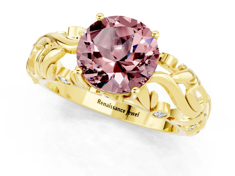 Yellow gold Round Cut Solitaire Morganite Leaf-Inspired Vine Band Ring with Prong Setting_1