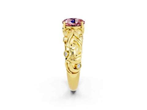 Yellow gold Round Cut Solitaire Morganite Leaf-Inspired Vine Band Ring with Prong Setting_2