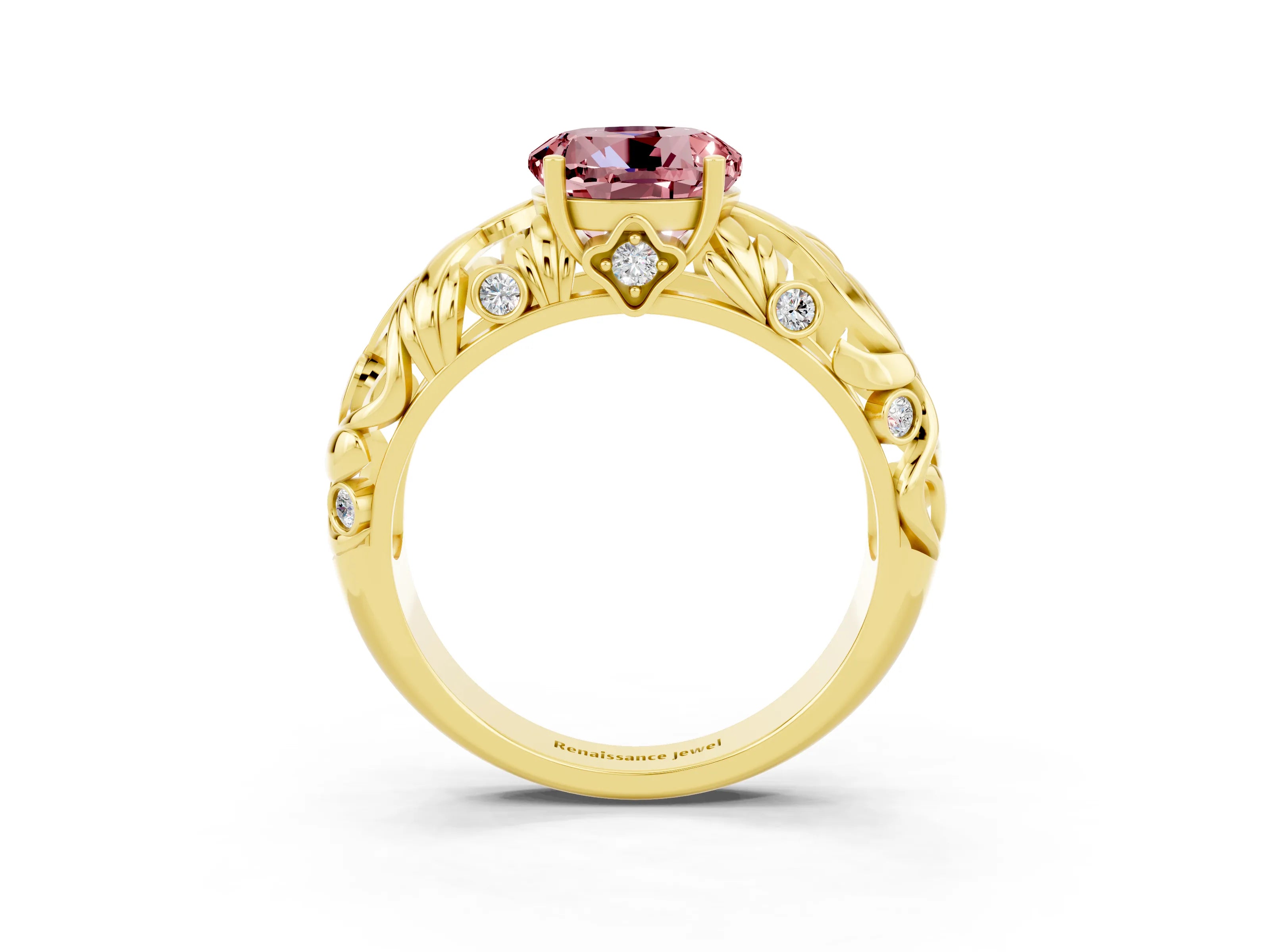 Yellow gold Round Cut Solitaire Morganite Leaf-Inspired Vine Band Ring with Prong Setting_3