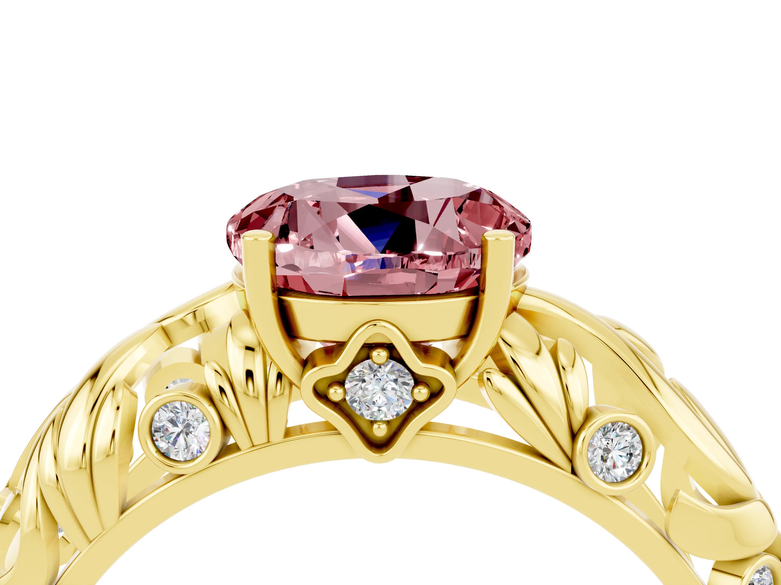 Yellow gold Round Cut Solitaire Morganite Leaf-Inspired Vine Band Ring with Prong Setting_4