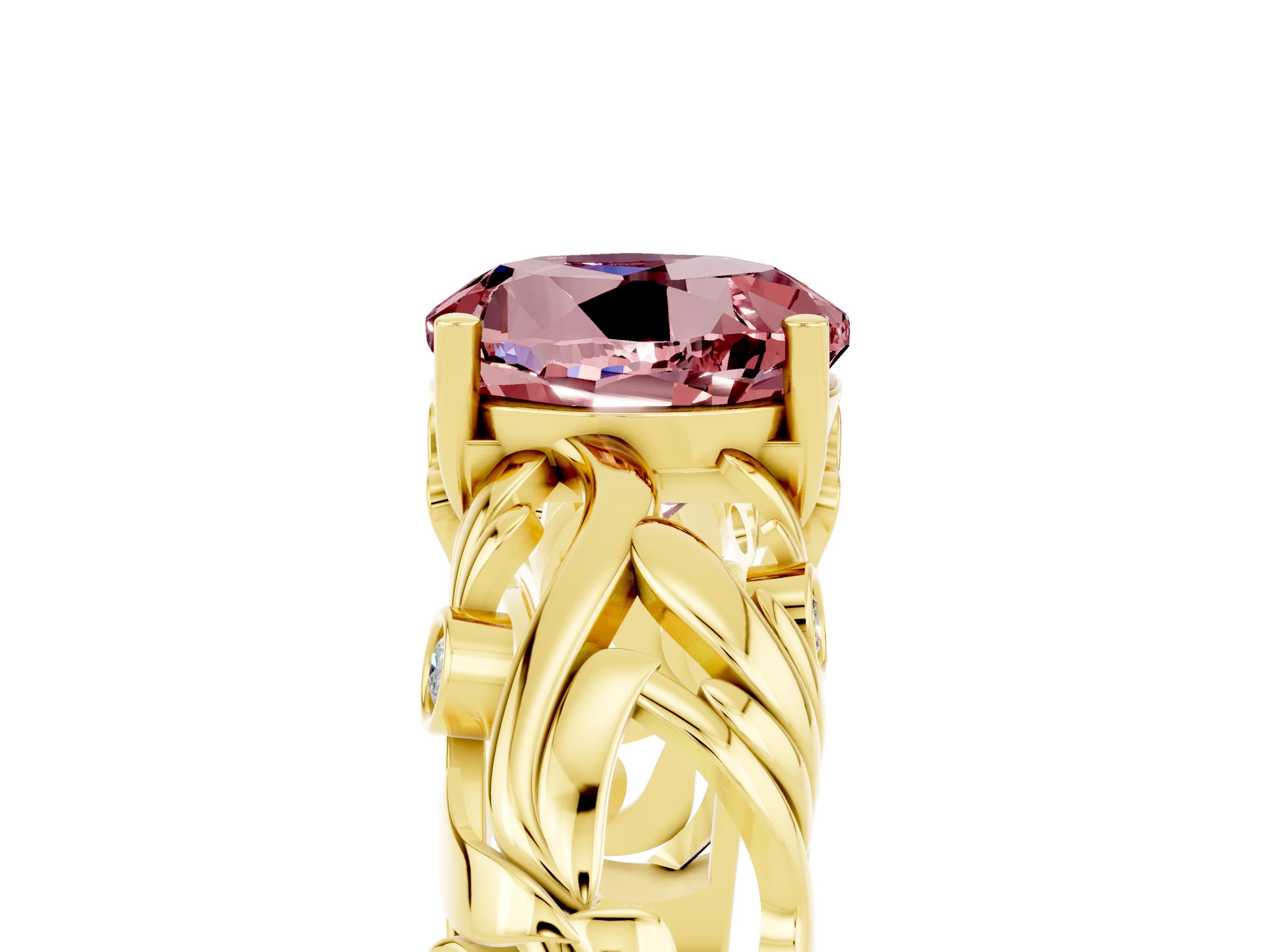 Yellow gold Round Cut Solitaire Morganite Leaf-Inspired Vine Band Ring with Prong Setting_5