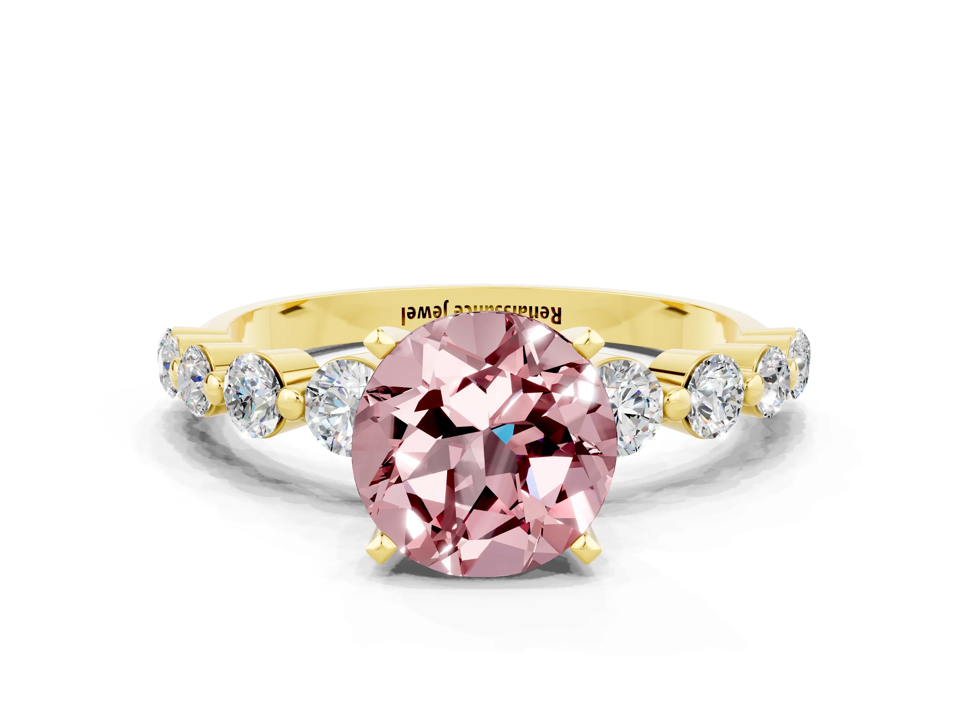 Yellow gold Round Cut Solitaire Morganite Ring with Pave Band and Four-Prong Setting