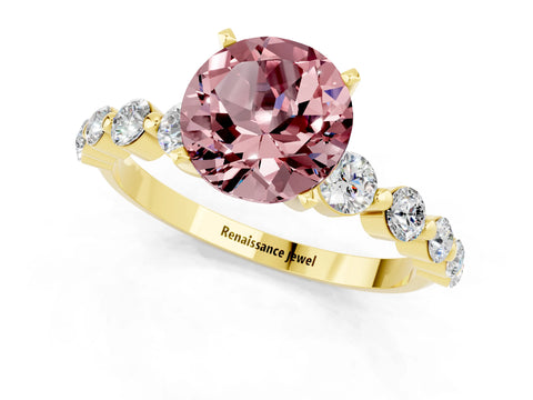 Yellow gold Round Cut Solitaire Morganite Ring with Pave Band and Four-Prong Setting_1