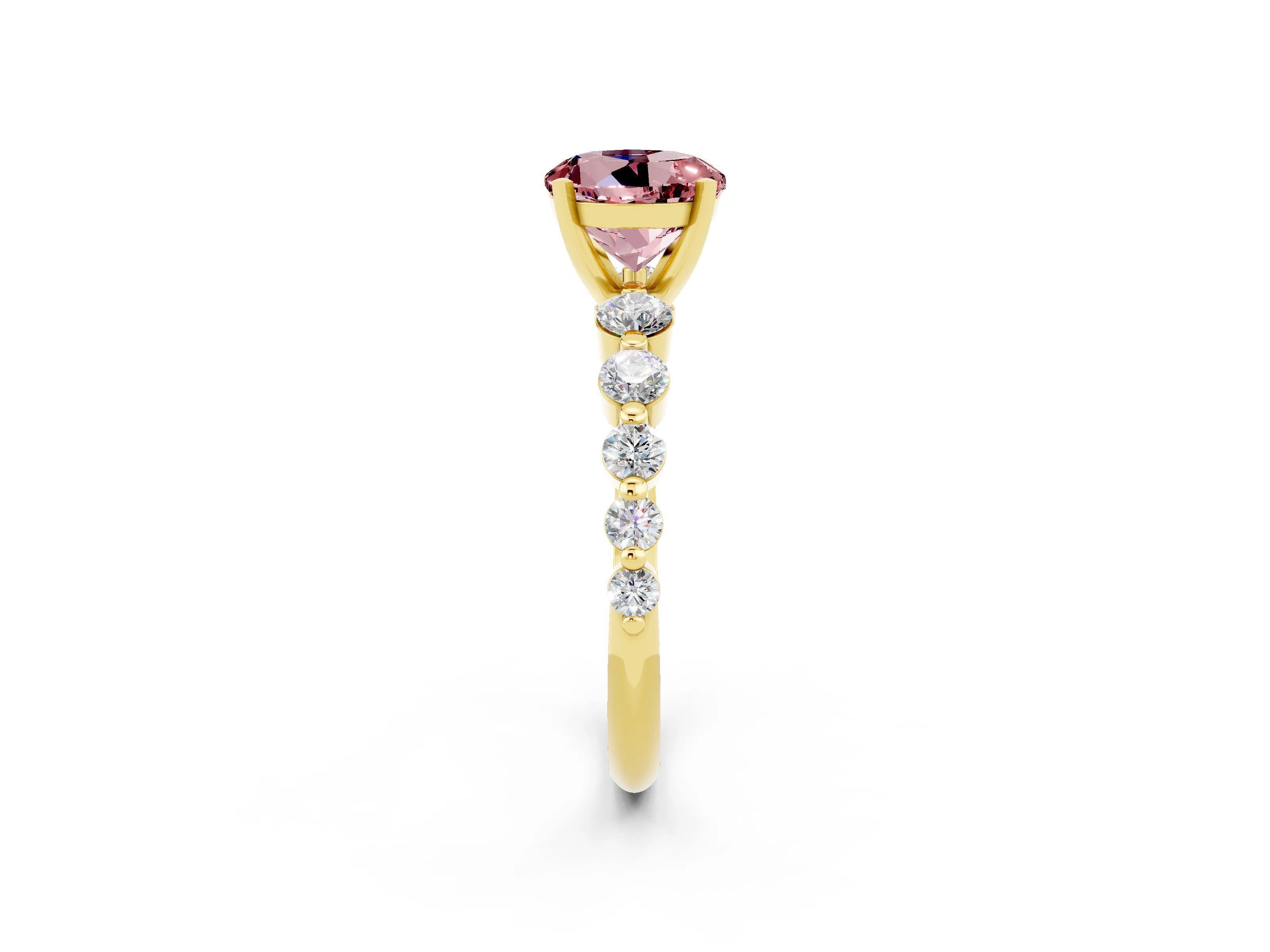 Yellow gold Round Cut Solitaire Morganite Ring with Pave Band and Four-Prong Setting_2