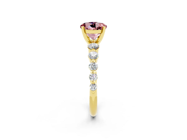 Yellow gold Round Cut Solitaire Morganite Ring with Pave Band and Four-Prong Setting