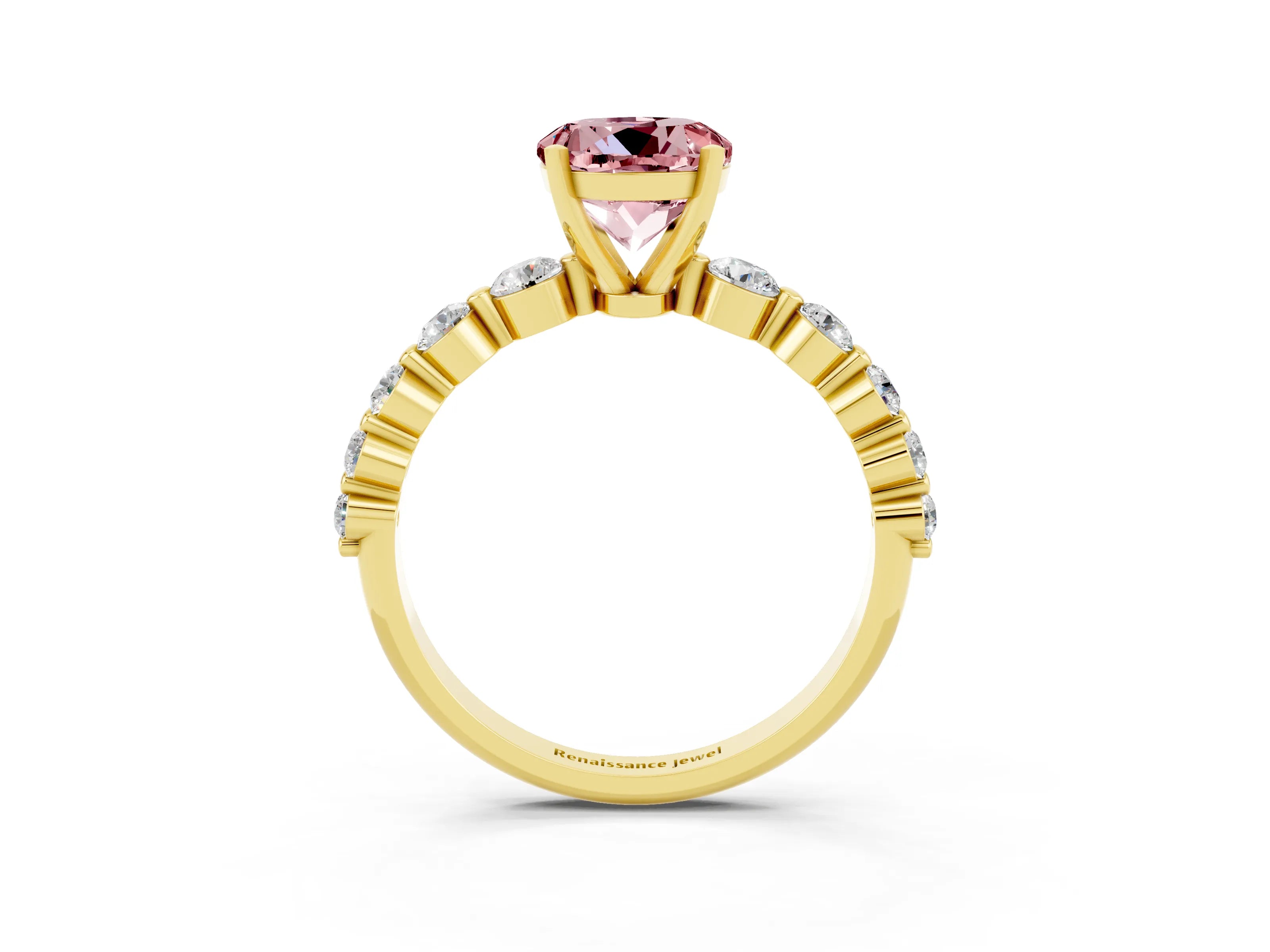 Yellow gold Round Cut Solitaire Morganite Ring with Pave Band and Four-Prong Setting_3