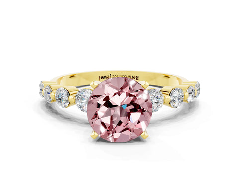 Yellow gold Round Cut Solitaire Morganite Ring with Pave Band and Four-Prong Setting