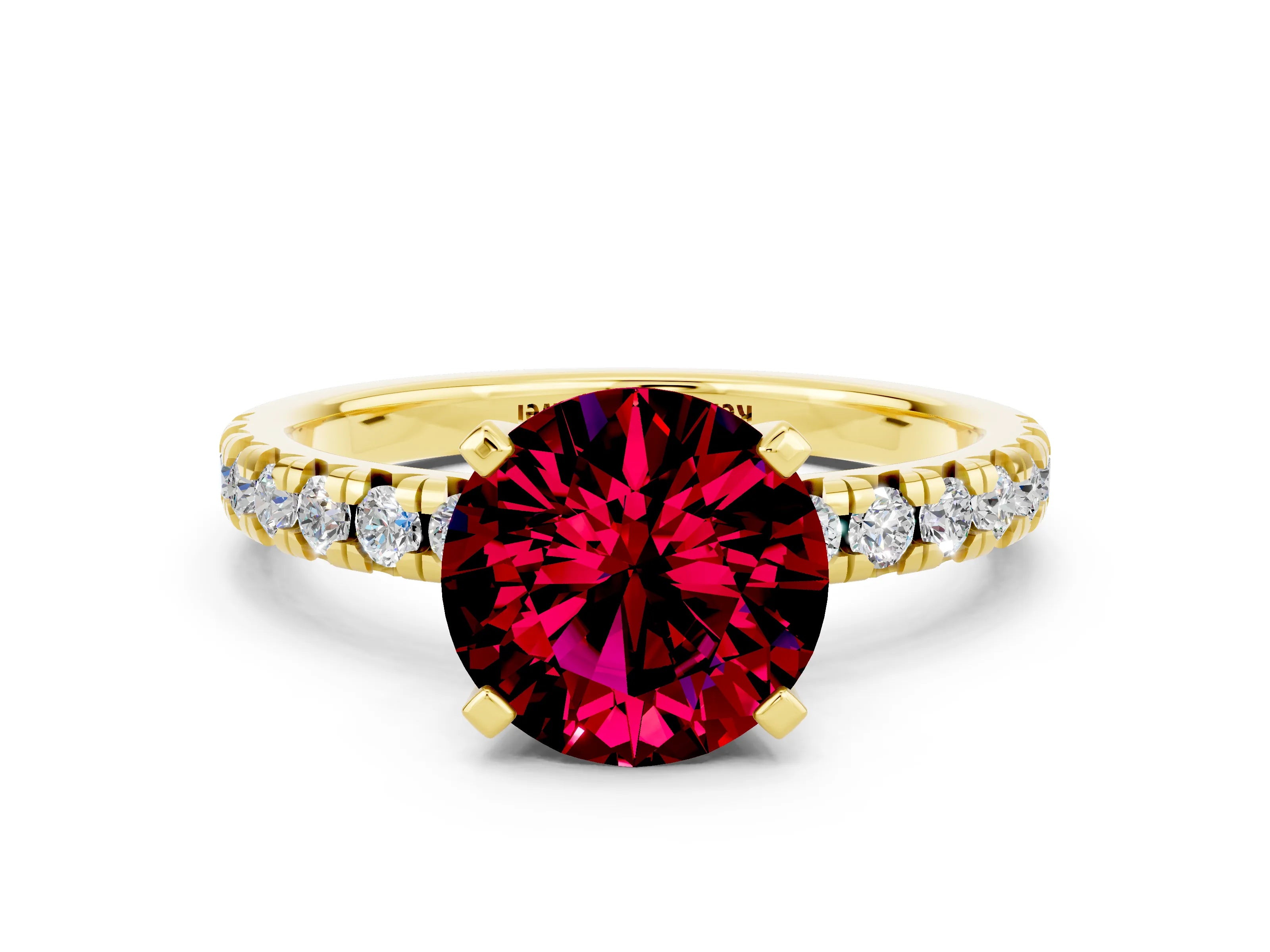 Yellow gold Round Cut Solitaire Pave Diamond Engagement Ring with Four-Prong Setting