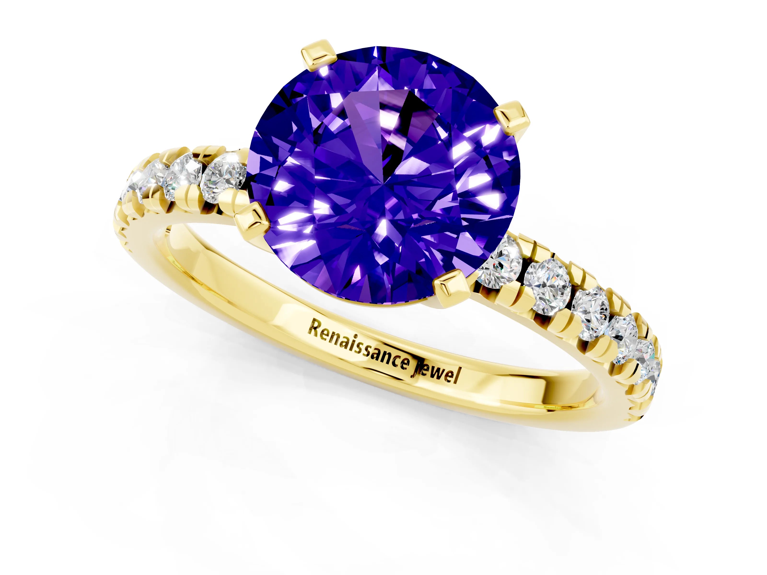 Yellow gold Round Cut Solitaire Pave Diamond Engagement Ring with Four-Prong Setting_1
