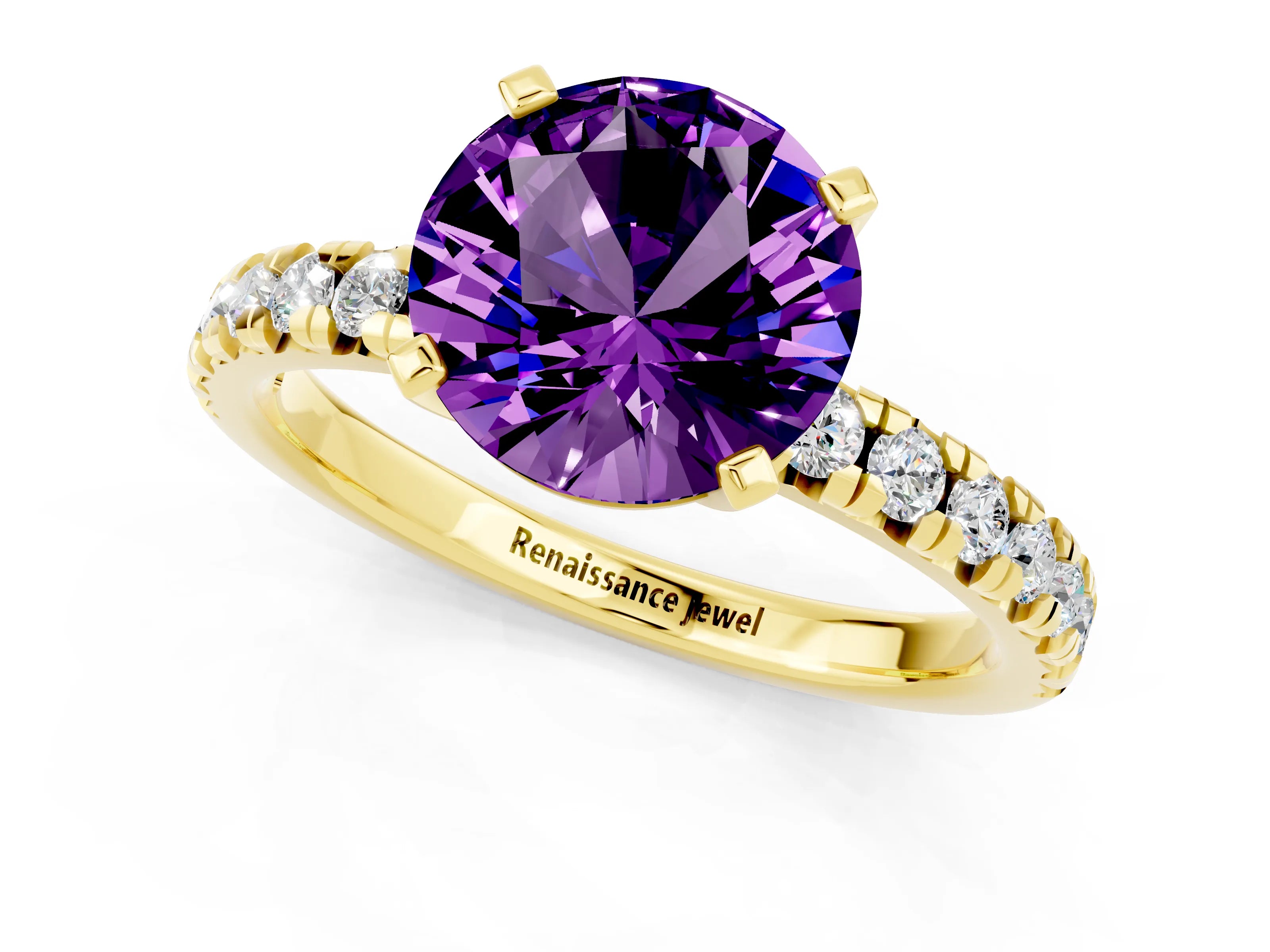 Yellow gold Round Cut Solitaire Pave Diamond Engagement Ring with Four-Prong Setting_1