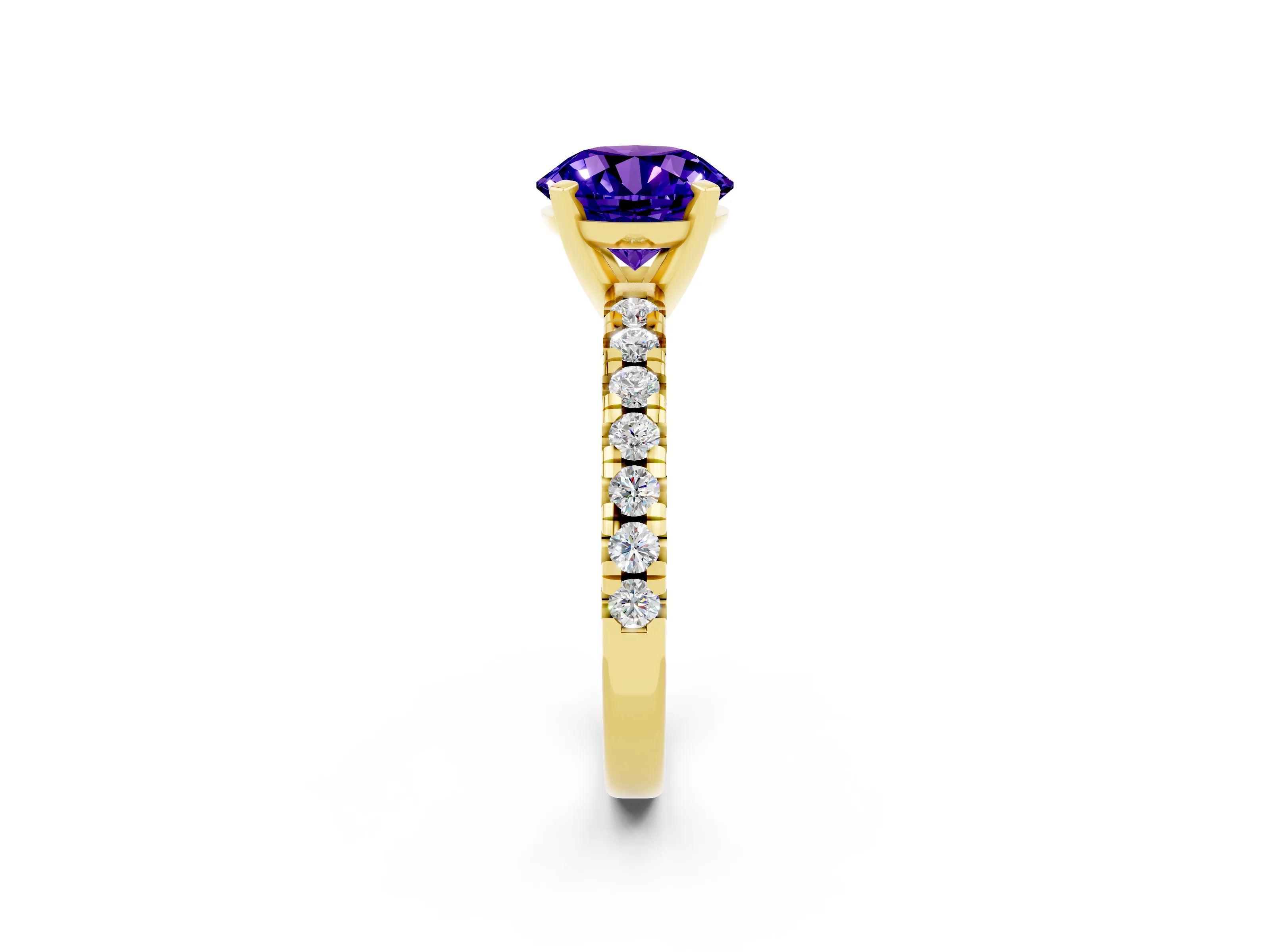 Yellow gold Round Cut Solitaire Pave Diamond Engagement Ring with Four-Prong Setting_2