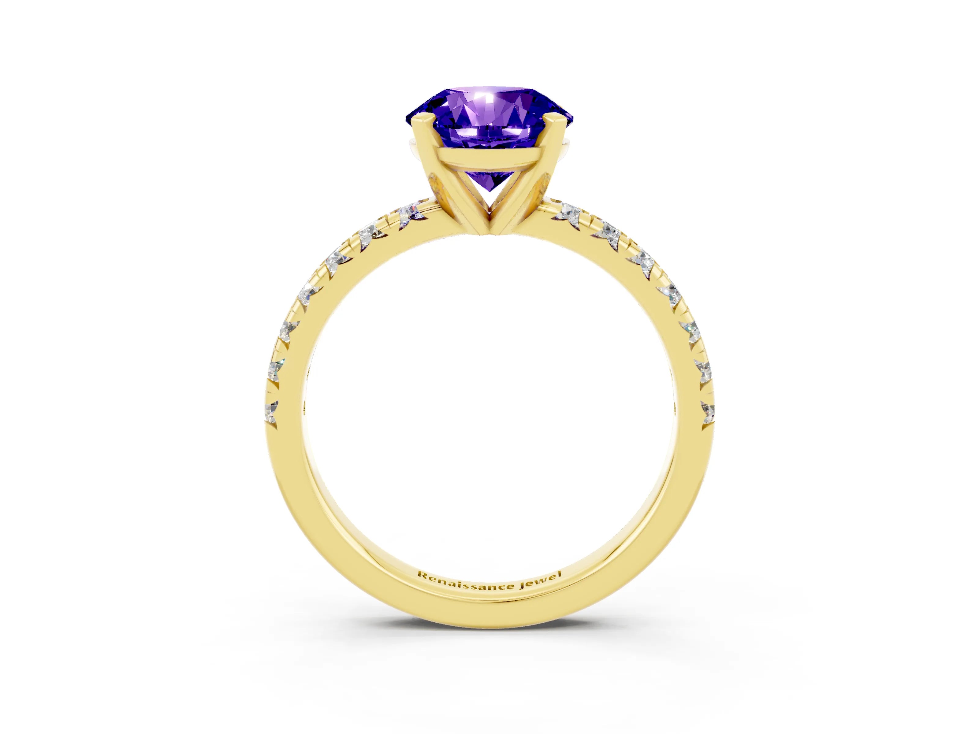 Yellow gold Round Cut Solitaire Pave Diamond Engagement Ring with Four-Prong Setting_3
