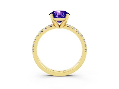 Yellow gold Round Cut Solitaire Pave Diamond Engagement Ring with Four-Prong Setting_3