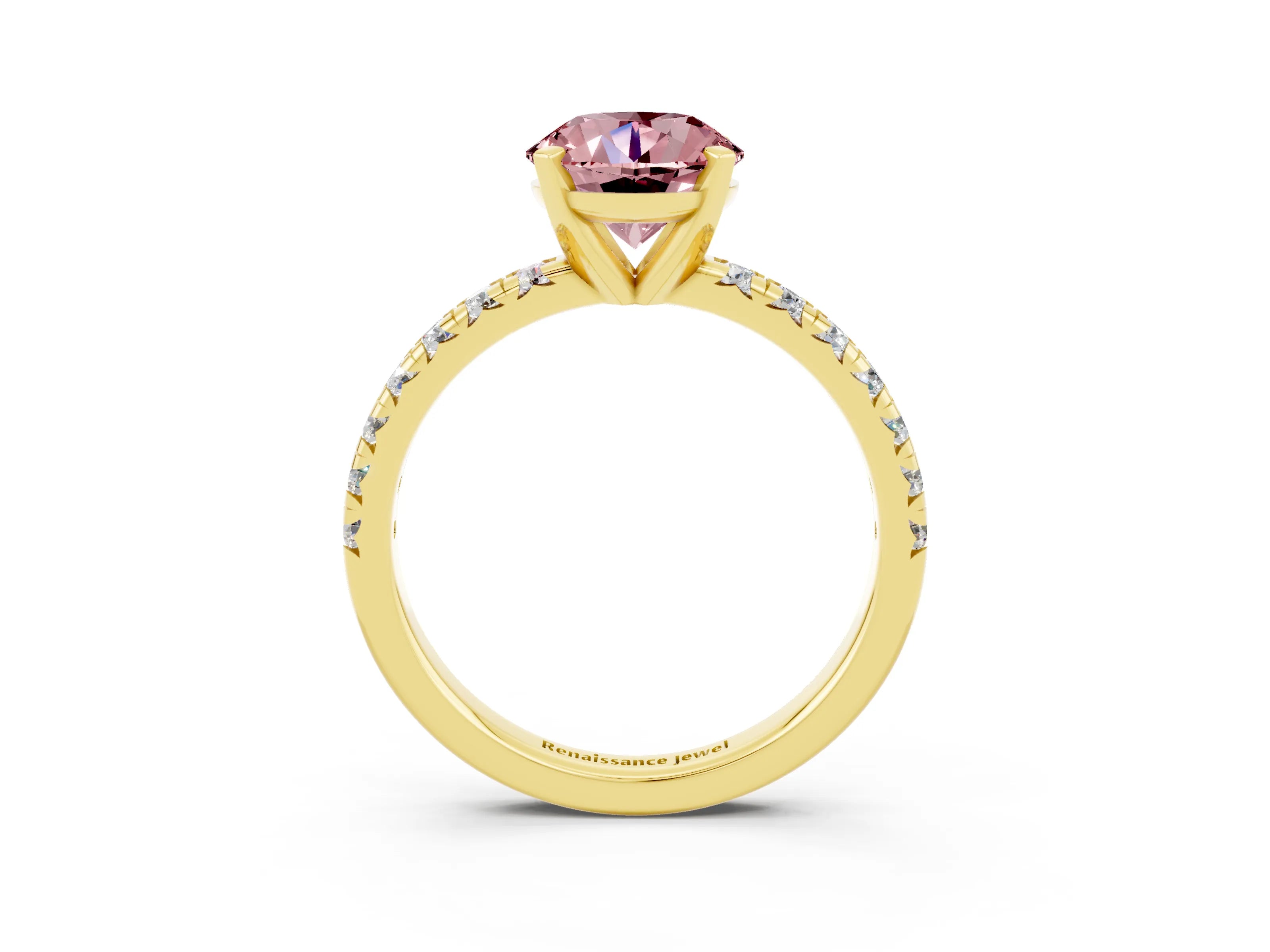 Yellow gold Round Cut Solitaire Pave Diamond Engagement Ring with Four-Prong Setting_3