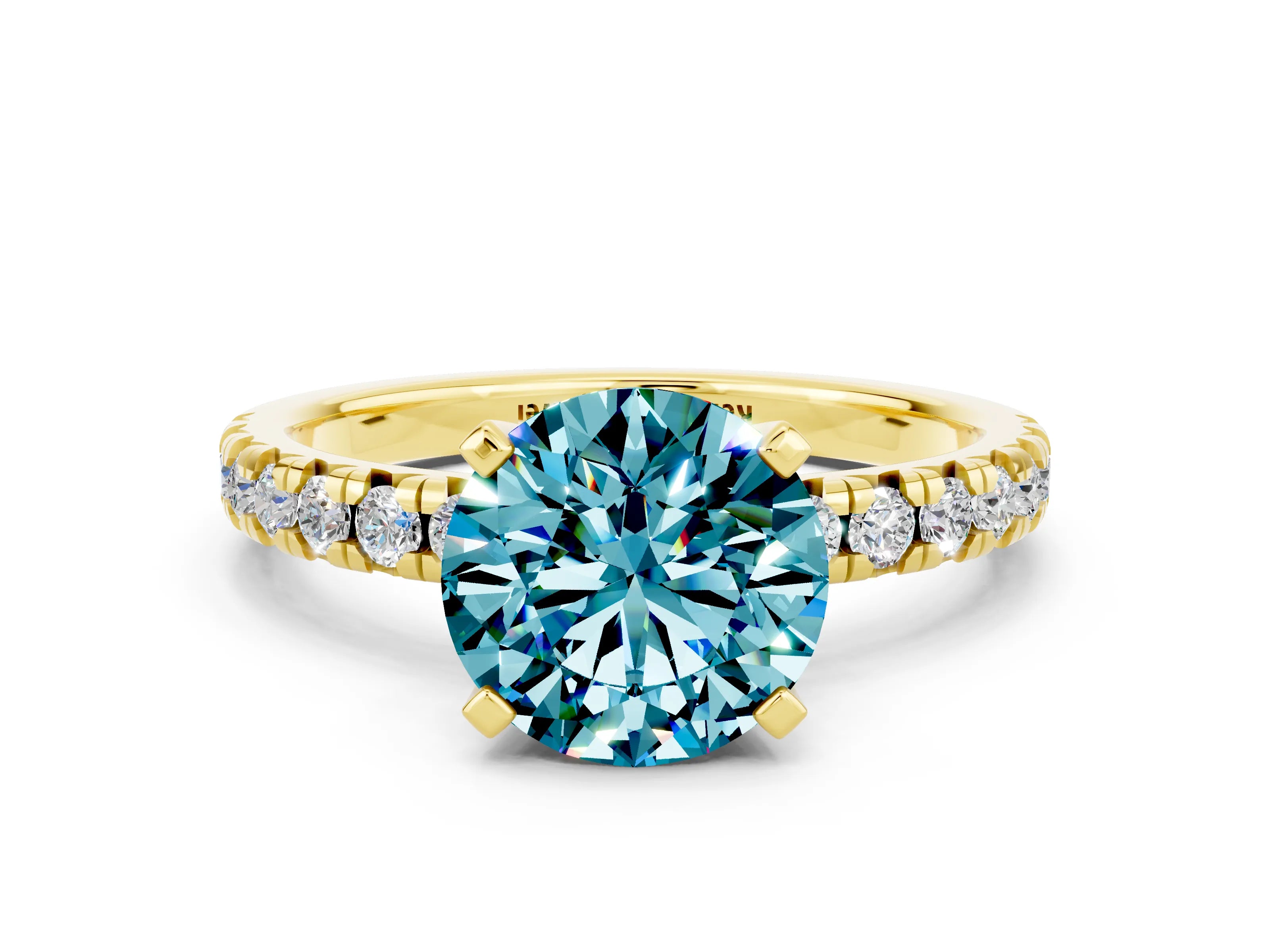 Yellow gold Round Cut Solitaire Pave Diamond Engagement Ring with Four-Prong Setting