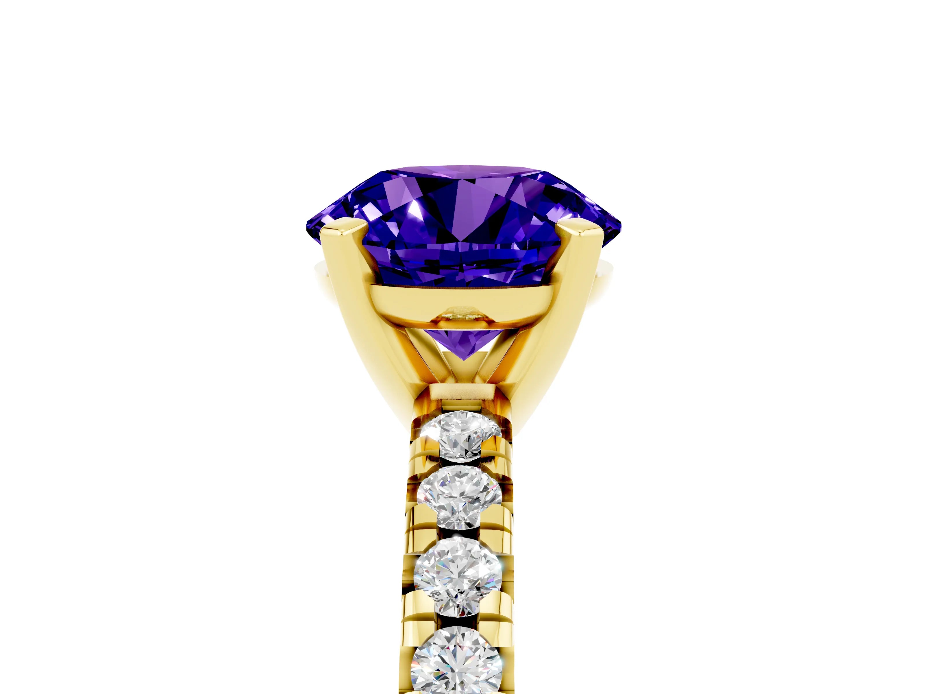 Yellow gold Round Cut Solitaire Pave Diamond Engagement Ring with Four-Prong Setting_5
