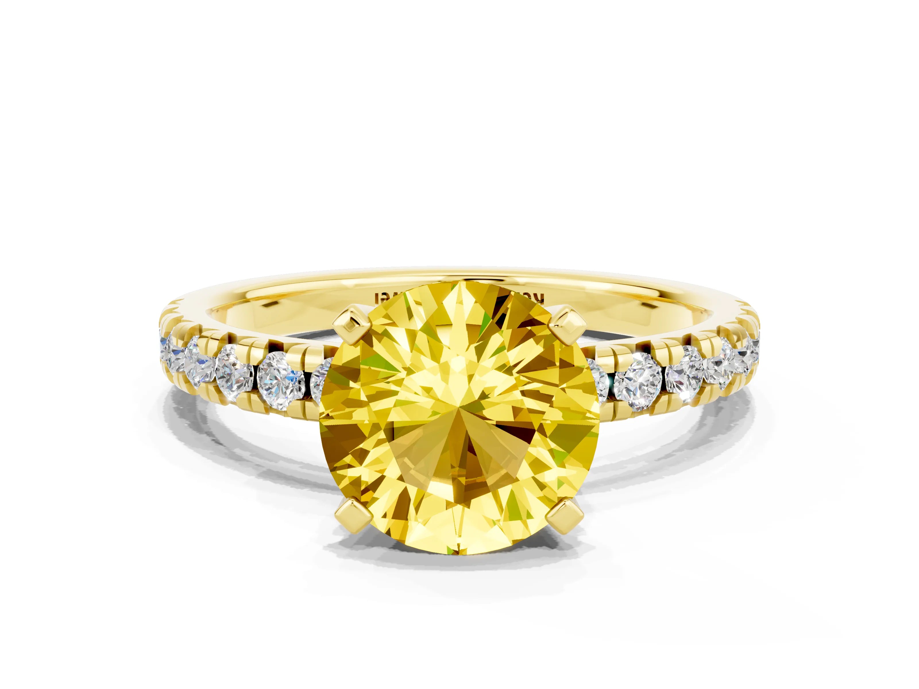 Yellow gold Round Cut Solitaire Pave Diamond Engagement Ring with Four-Prong Setting
