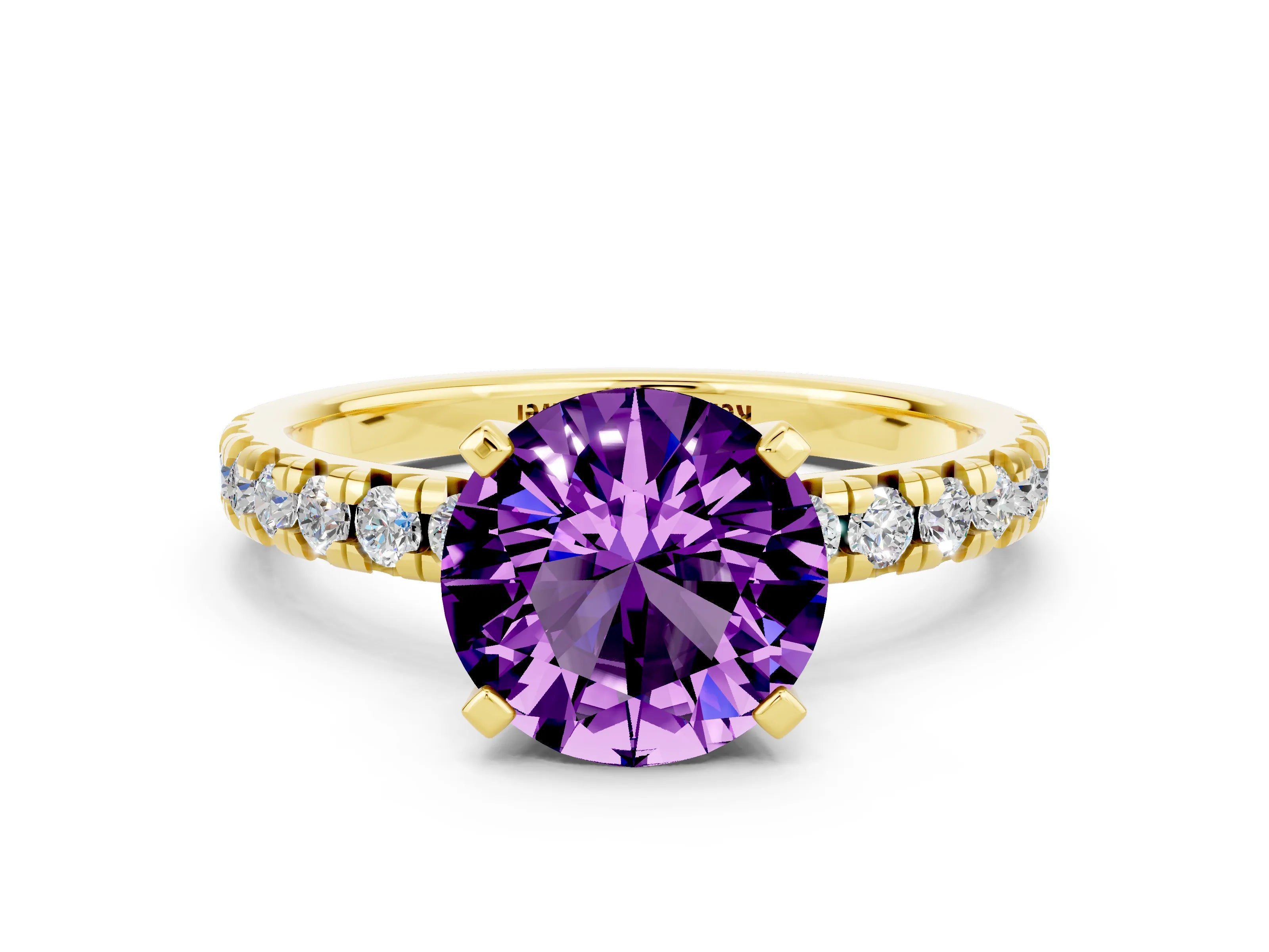 Yellow gold Round Cut Solitaire Pave Diamond Engagement Ring with Four-Prong Setting