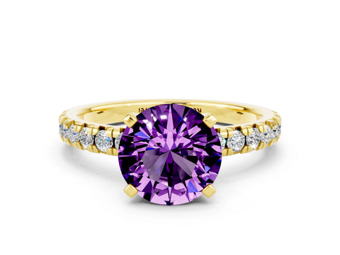 Yellow gold Round Cut Solitaire Pave Diamond Engagement Ring with Four-Prong Setting