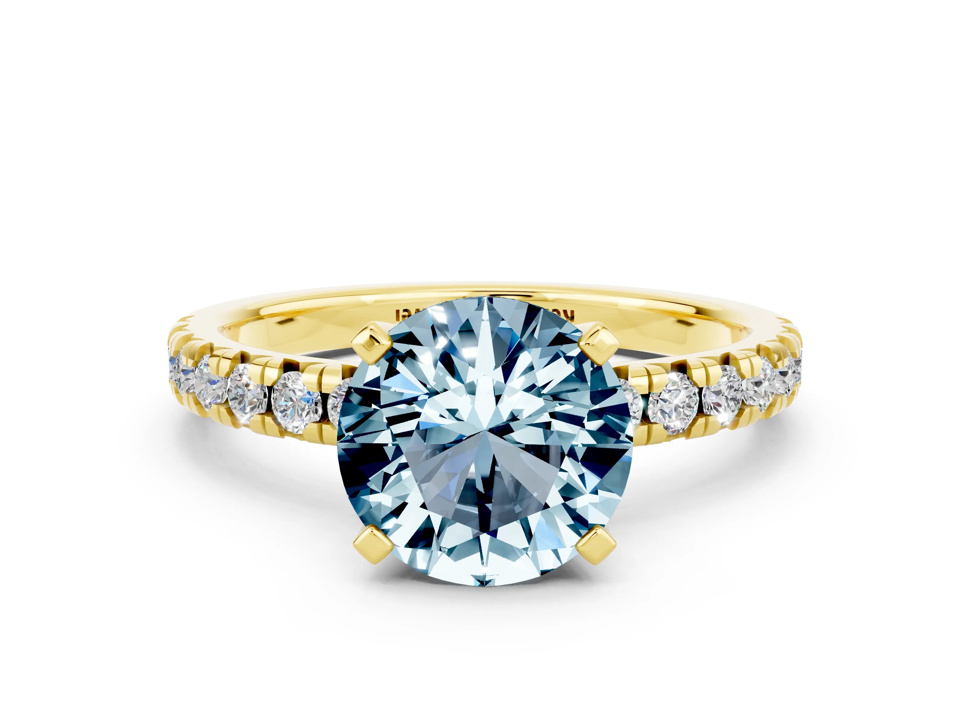 Yellow gold Round Cut Solitaire Pave Diamond Engagement Ring with Four-Prong Setting
