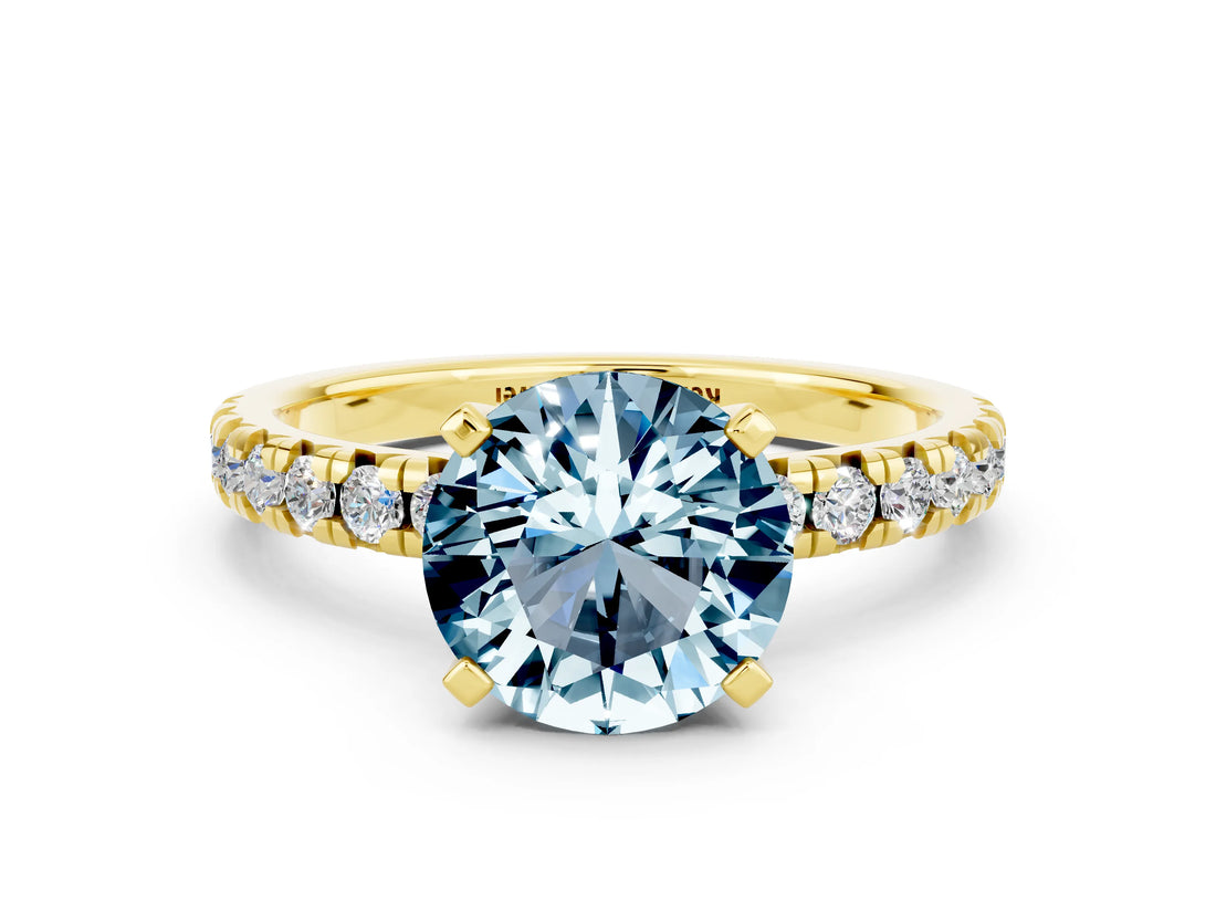 Yellow gold Round Cut Solitaire Pave Diamond Engagement Ring with Four-Prong Setting