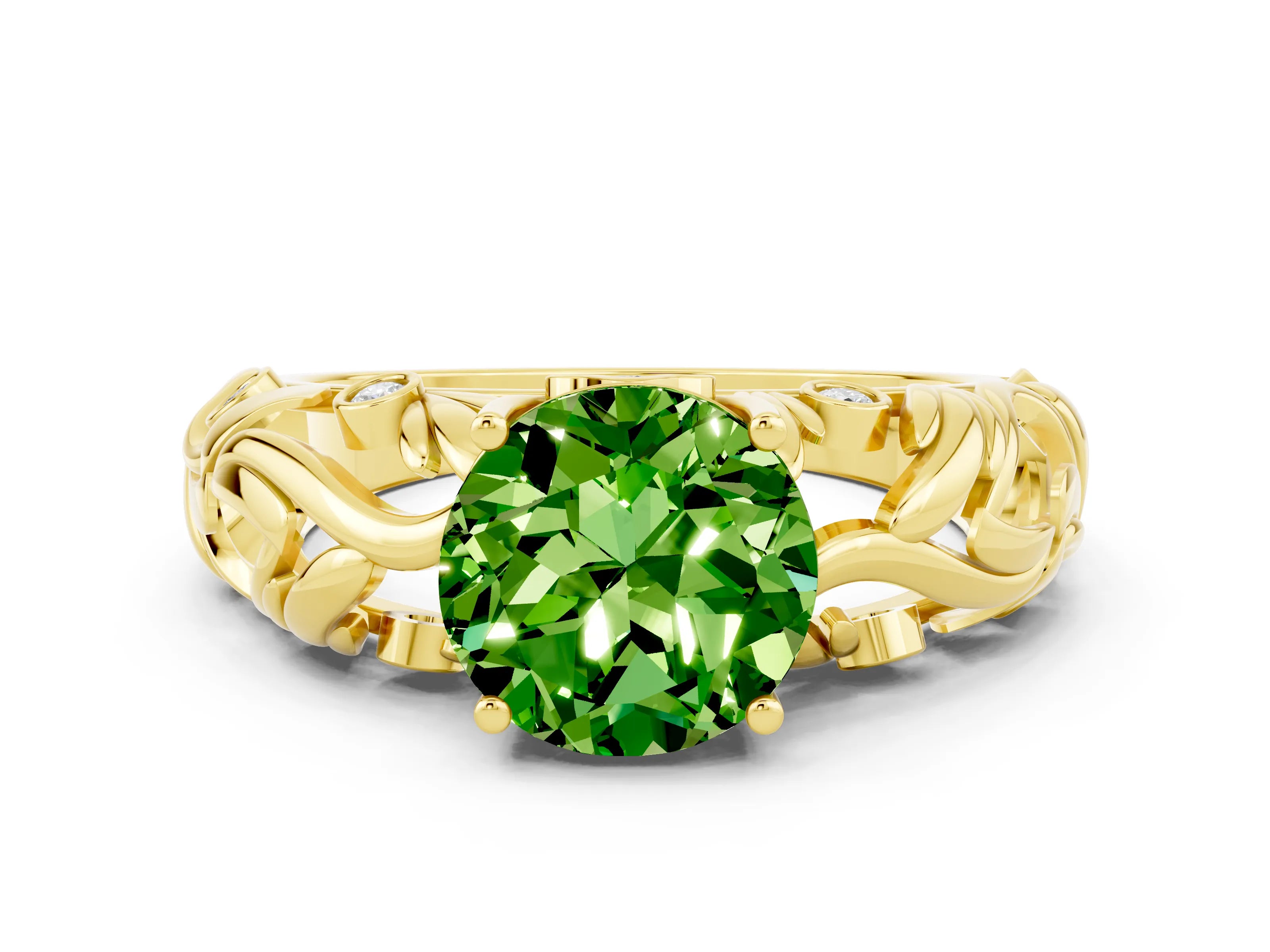 Yellow gold Round Cut Solitaire Peridot Leaf-Inspired Vine Band Ring with Prong Setting