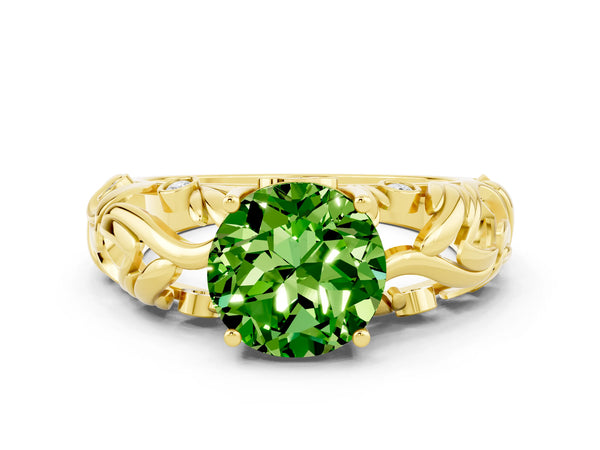 Yellow gold Round Cut Solitaire Peridot Leaf-Inspired Vine Band Ring with Prong Setting