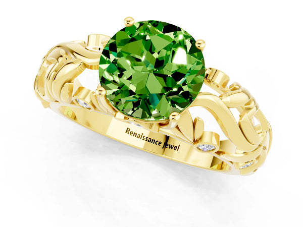 Yellow gold Round Cut Solitaire Peridot Leaf-Inspired Vine Band Ring with Prong Setting