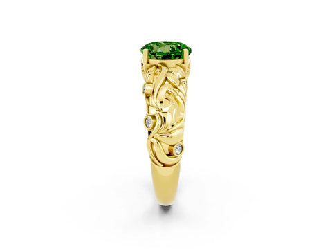 Yellow gold Round Cut Solitaire Peridot Leaf-Inspired Vine Band Ring with Prong Setting_2