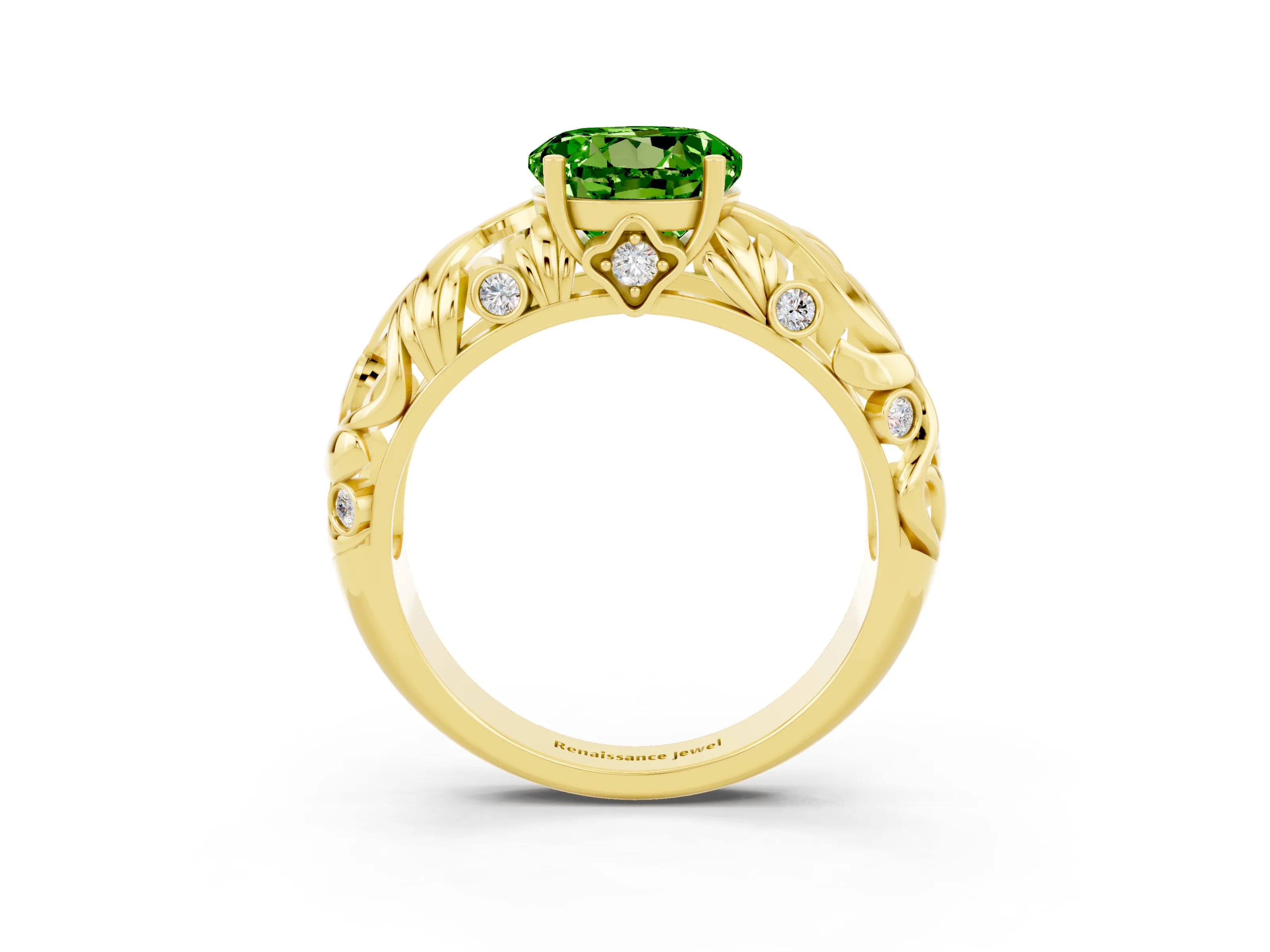 Yellow gold Round Cut Solitaire Peridot Leaf-Inspired Vine Band Ring with Prong Setting_3