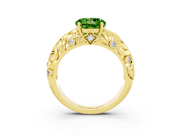 Yellow gold Round Cut Solitaire Peridot Leaf-Inspired Vine Band Ring with Prong Setting
