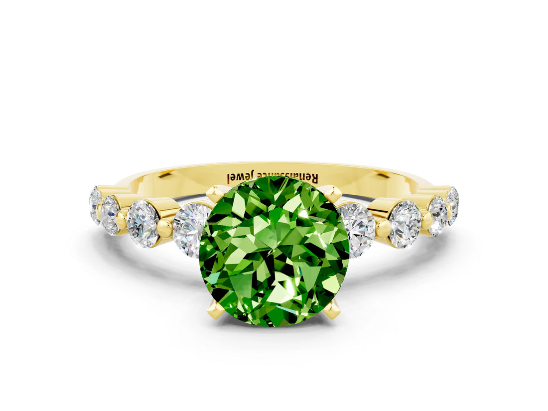Yellow gold Round Cut Solitaire Peridot Ring with Pave Band and Four-Prong Setting