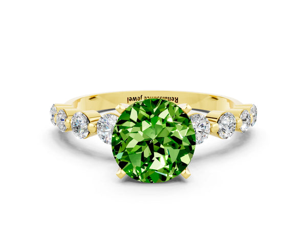 Yellow gold Round Cut Solitaire Peridot Ring with Pave Band and Four-Prong Setting