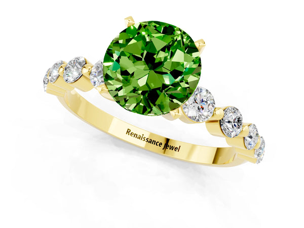 Yellow gold Round Cut Solitaire Peridot Ring with Pave Band and Four-Prong Setting