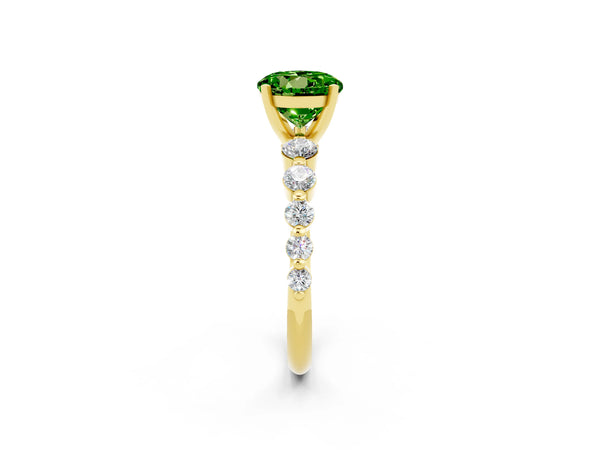 Yellow gold Round Cut Solitaire Peridot Ring with Pave Band and Four-Prong Setting