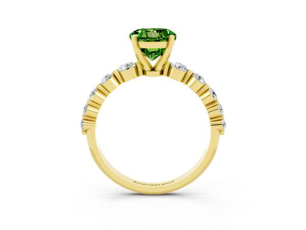 Yellow gold Round Cut Solitaire Peridot Ring with Pave Band and Four-Prong Setting
