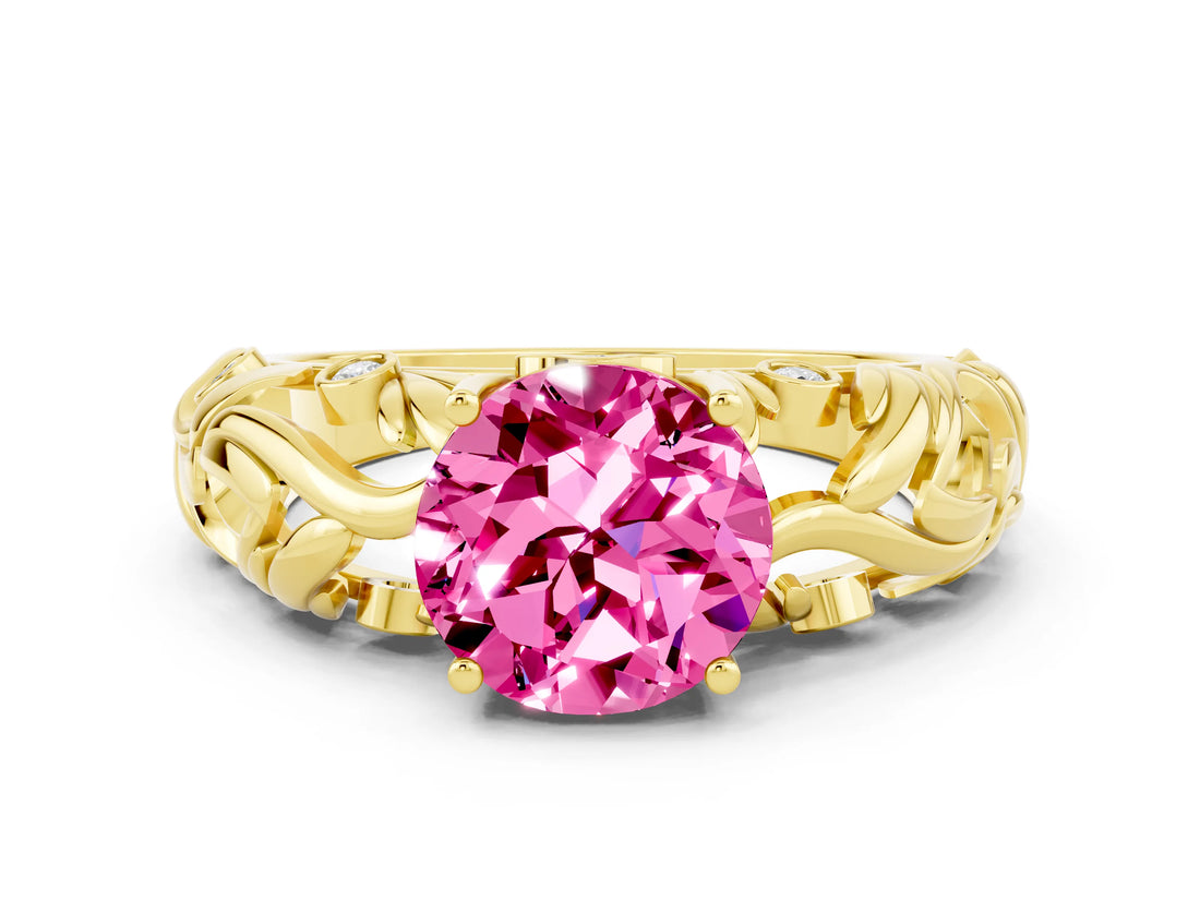 Yellow gold Round Cut Solitaire Pink Sapphire Leaf-Inspired Vine Band Ring with Prong Setting_24