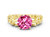 Yellow gold Round Cut Solitaire Pink Sapphire Leaf-Inspired Vine Band Ring with Prong Setting_24