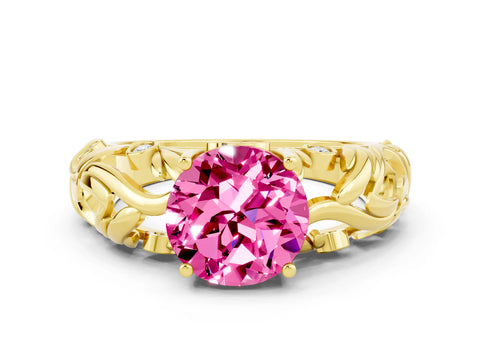Yellow gold Round Cut Solitaire Pink Sapphire Leaf-Inspired Vine Band Ring with Prong Setting_24