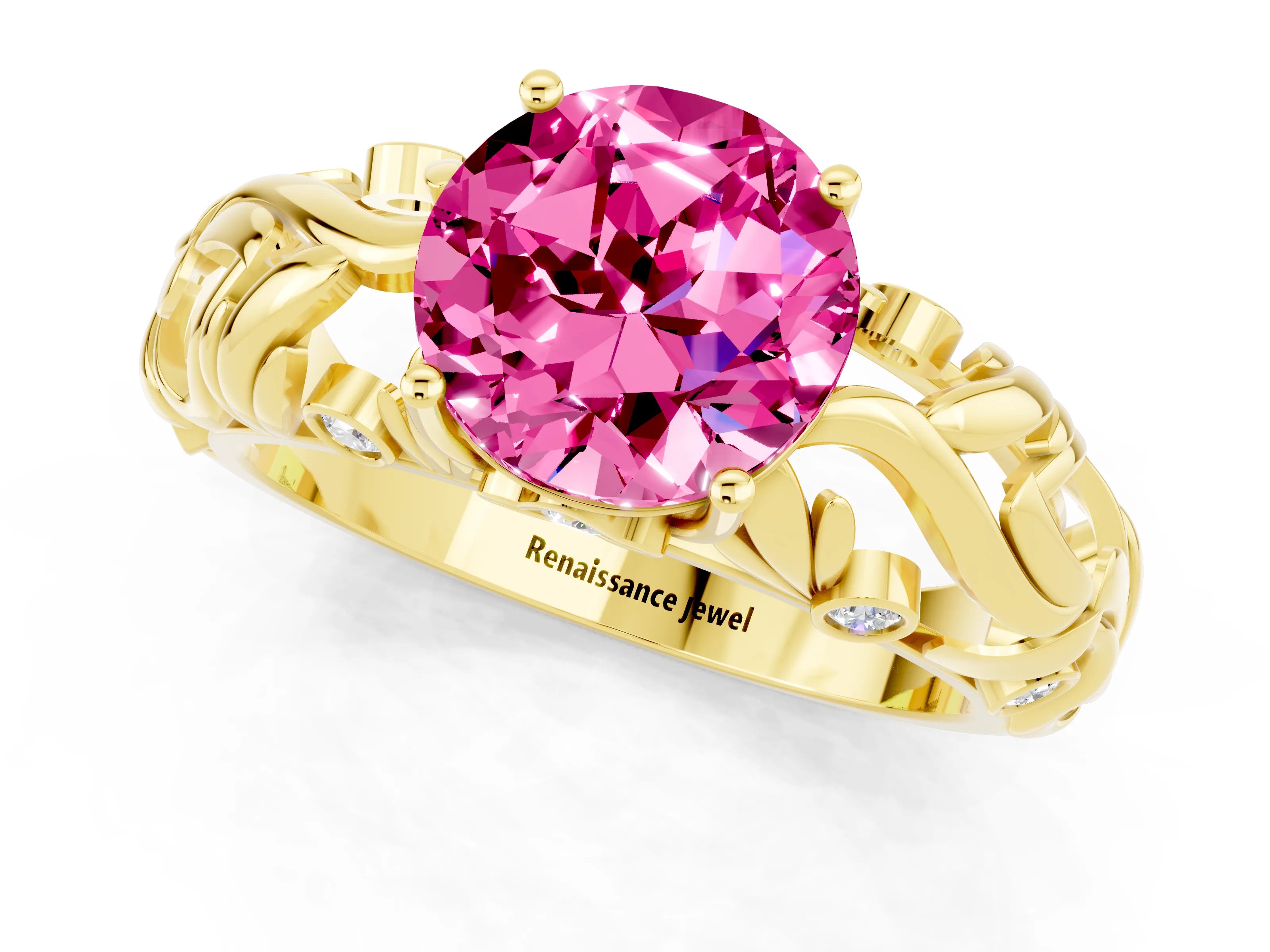 Yellow gold Round Cut Solitaire Pink Sapphire Leaf-Inspired Vine Band Ring with Prong Setting_25