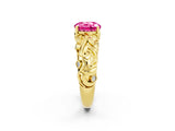 Yellow gold Round Cut Solitaire Pink Sapphire Leaf-Inspired Vine Band Ring with Prong Setting_26